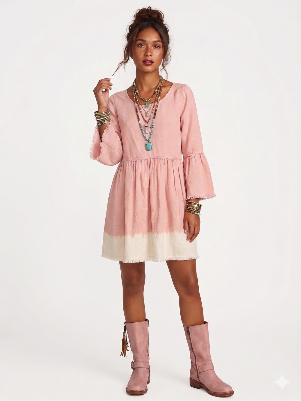 Anthropologie Holding Horses peach pink and white dip-dye denim dress.